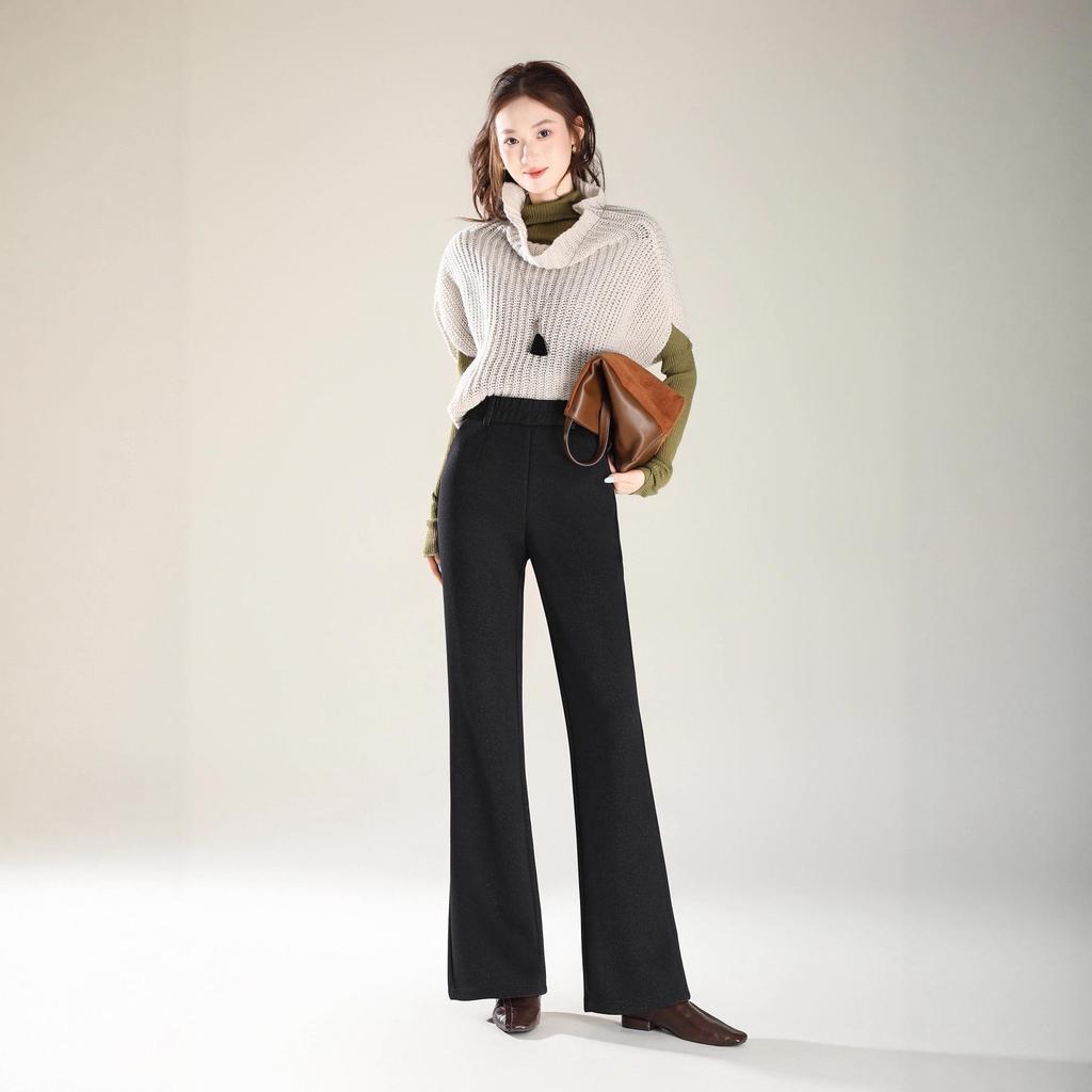 Women's Retro Black Bootcut Denim Pants - Winter Thickened, Casual, Slimming, Versatile, and Loose Fit.