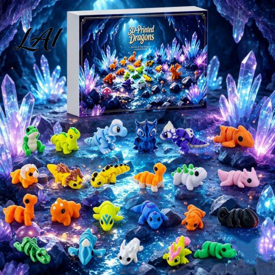 Plastic Dinosaur Figures 3D Printed Advent Calendar 24-Day Mini Articulated Figure Set Holiday Calendar for Kids Christmas Countdown Box with
