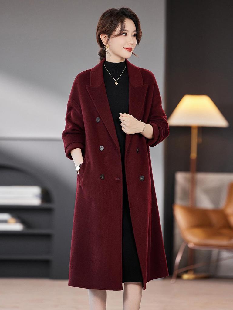 2025 Autumn/Winter Women's Mid-Length Double-Breasted Wool Coat with Belt