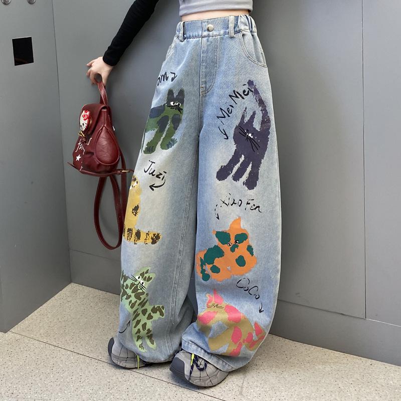 Girls' Graffiti Wide-Leg Jeans - Spring/Autumn Casual Fashion Pants