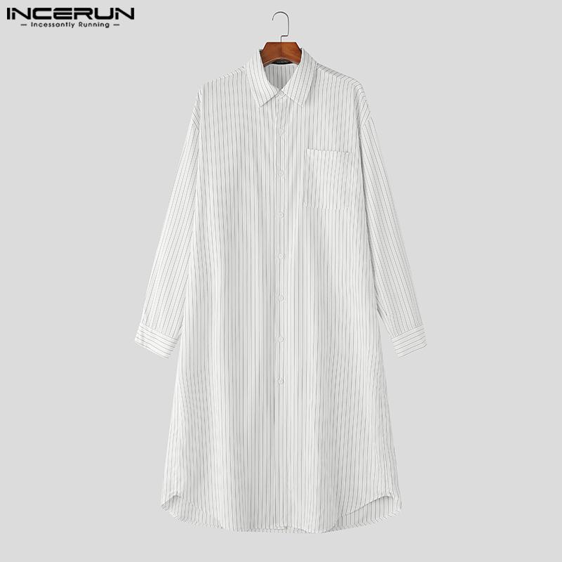 INCERUN Oversized Men Lapel Neck Long Sleeve Striped Loose Long Tunic Casual Shirts