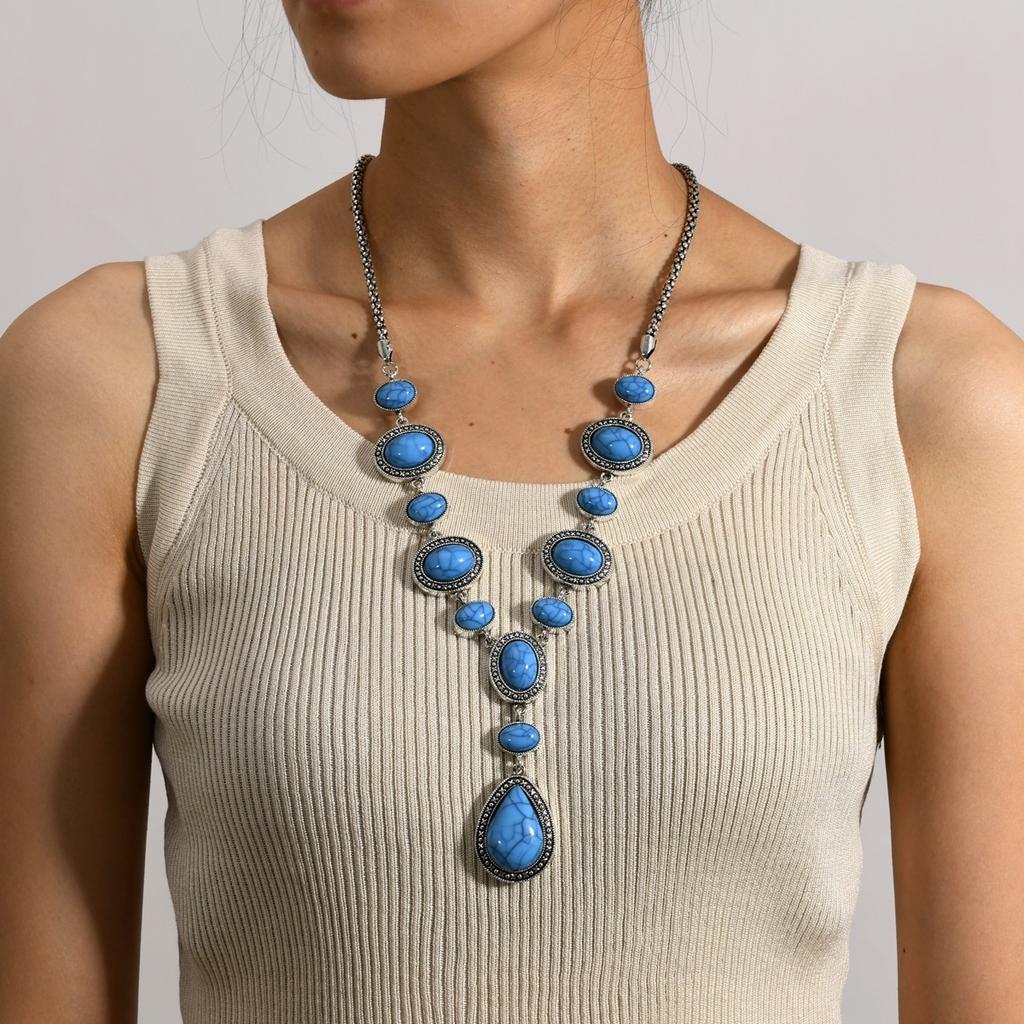 Boho Western Ethnic Vintage Antique Silver Alloy Geometric Imitation Turquoise Necklace Party Accessories For Women