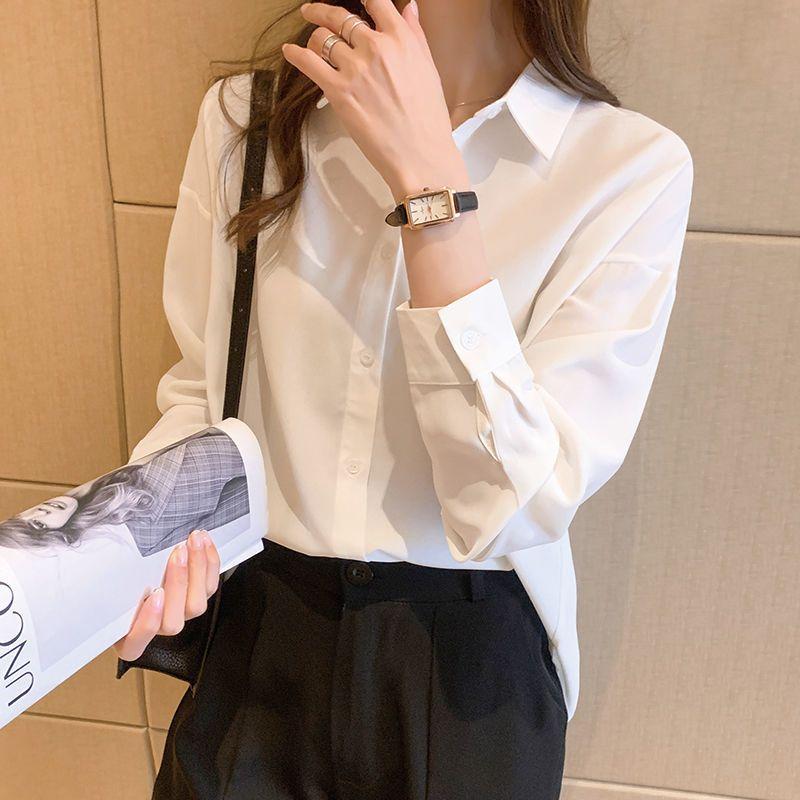 

Рубашка с однотонными пуговицами и лацканами спереди, элегантная рубашка с длинным рукавом на весну и осень, женская одежда 3XL белый