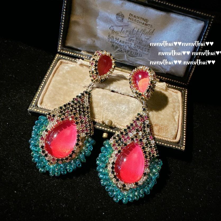 Sotheby'S Peacock Tourmaline Teardrop Jewel Earrings, Antique, 18K Gold Plated, Carmine Strawberry Zircon Earrings