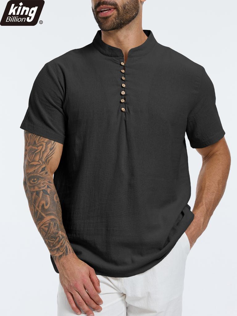 Yaz Yeni Erkek Pamuk Keten Tişört Kısa Kollu Nefes Alabilir Hafif Düz Renk Erkek Moda Henley Yaka Düğmeli Üst
