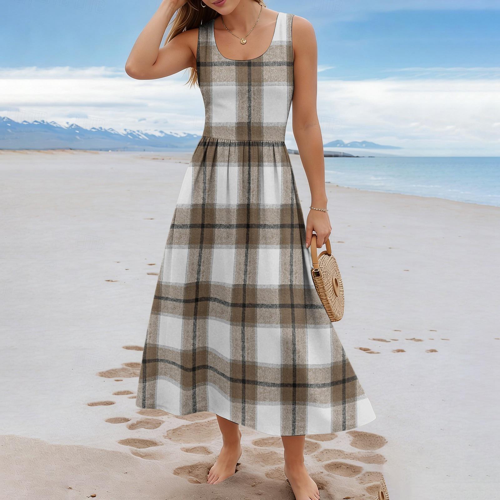 Ladies  checkered summer casual and fashionable sleeveless long dress L