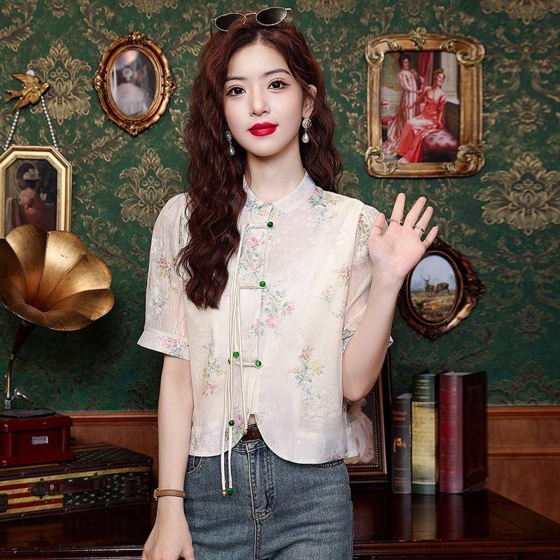 

Chinese Style Short Sleeve 2025 Summer New Arrival New Chinese Shirt Puff Sleeves Pure Color Single-Breasted Shirt Round Neck Tops 8271 apricot S