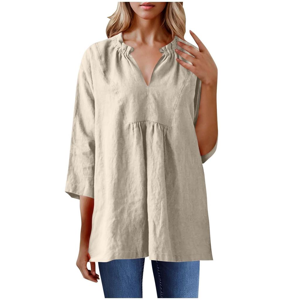 Women's Casual Loose Cotton Linen Solid Color Seven Quarter Sleeve Pleated V-Neck Shirt Top