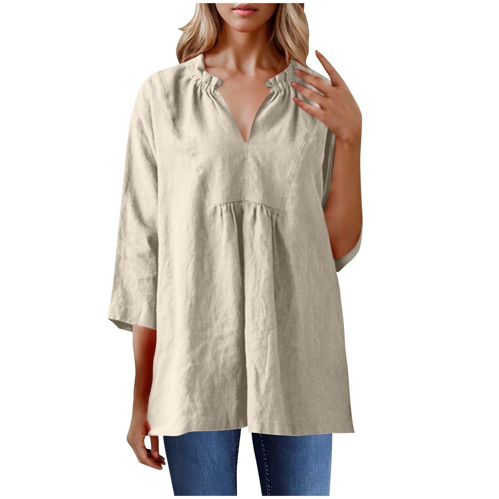 

Women s Casual Loose Cotton Linen Solid Color Seven Quarter Sleeve Pleated V-Neck Shirt Top L бежевий