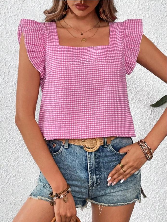 2026 Women's Plaid Square Neck Ruffle Blouse - Spring/Summer Collection