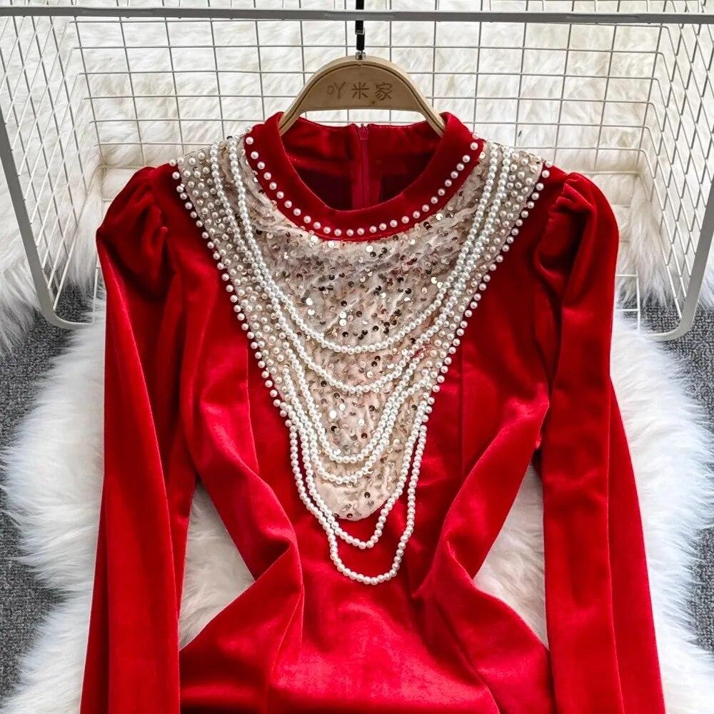 Autumn Winter Luxury Pearls Velvet Wedding Party Dress Women's Stand Collar Sparkling Sequins Beading Zipper Mini Fishtail Dresses