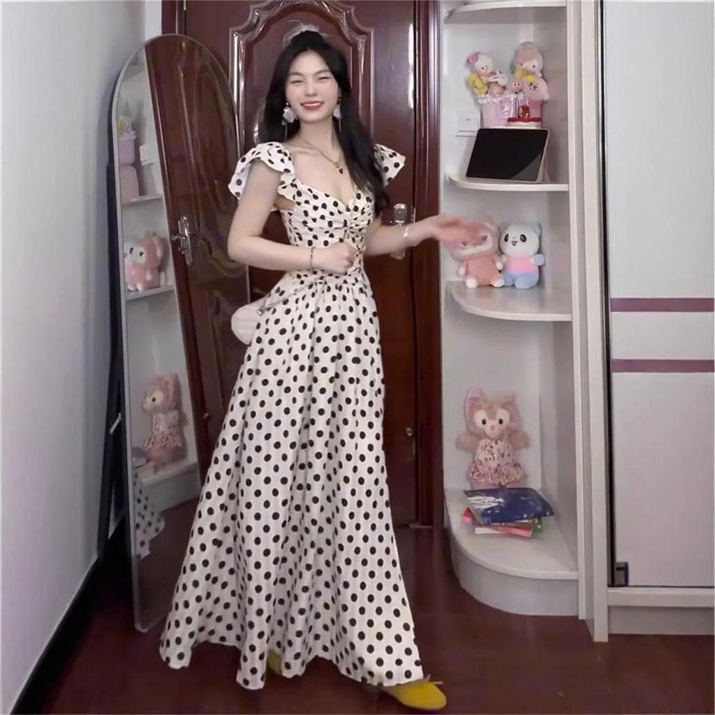 2026 French Style Polka Dot Pleated Waist Long Summer Dress
