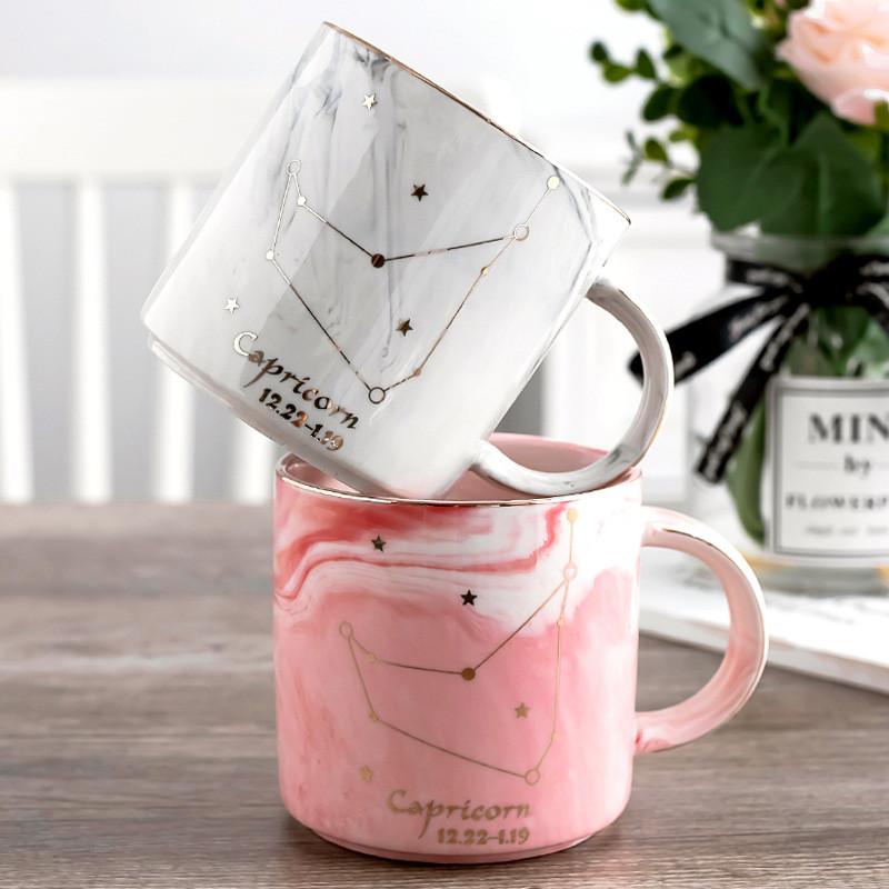 400ML Twelve Constellation Marble Cup with Cover Long Spoon Ceramic Party Tableware Set Porcelain Breakfast Coffee Mug Cup