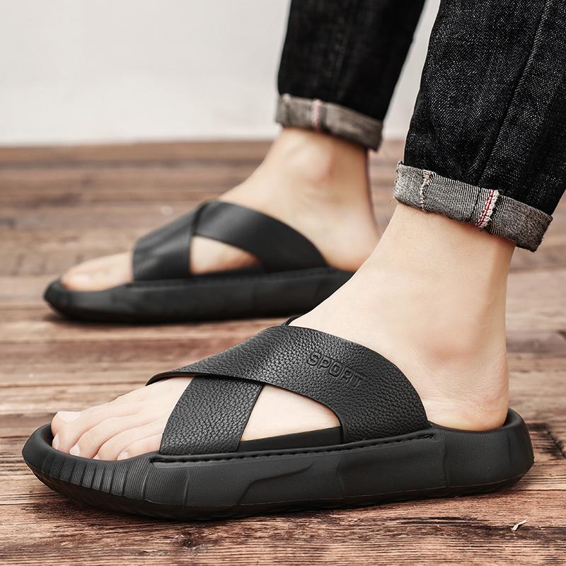 Fashion Luxury Brand Genuine Leather Sandals Men Outdoor Antiskid Walking Slipper2025Male Summer Beach Soft Bottom Flat Designer Sandals