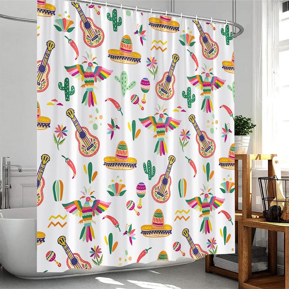 Mexican Style Shower Curtains Cartoon Tropical plants Cactus Bathroom Decor Polyester Fabric Bath Curtain with Hooks Washable