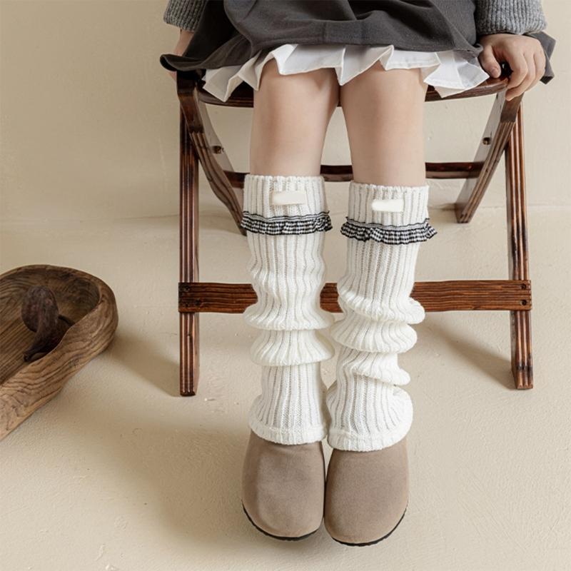 Elastic Sweet Style Leg Sleeves Warm Calf Length Socks For Girls Ruffled Design Fashionable Winter Accessories