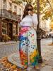 Musical Note Plus-Size Women's Wide-Leg Pants - Musical Note Digital Print, Casual Polyester with Pockets
