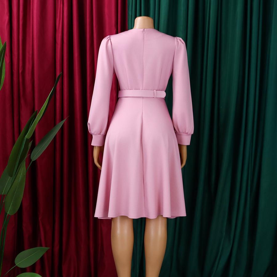 New Style Crew Neck Long Sleeve High Waist A-Line Dress Elegant Party Wear Solid Color  Dress