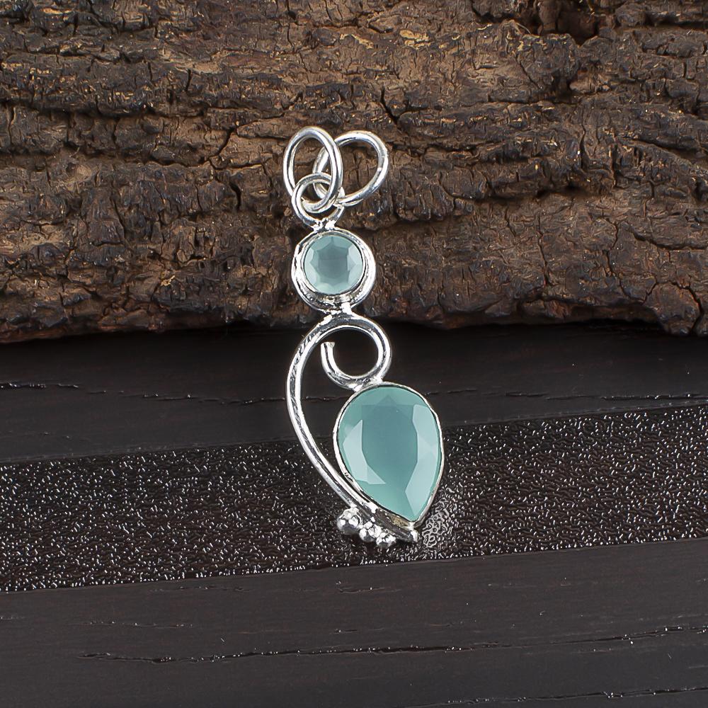 

Aqua Chalcedony Pendant 925 Solid Sterling Silver Jewelry, Gemstone Pendant, Gift For Her Handmade Dainty Jewelry 1.47 Inches синий