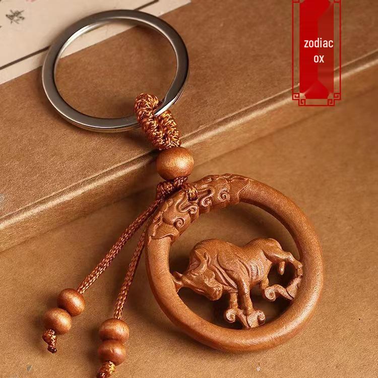 Peach Wood Zodiac Keychains: Year of the Dragon Pendant with Rat, Ox, Tiger Carvings - Carry-on Ornament Gift