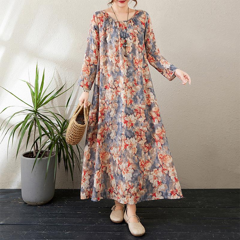 Vestido Casual Solto Estampado de Outono Tamanho Plus Size Gola Redonda Manga Comprida para Mulheres Vestidos