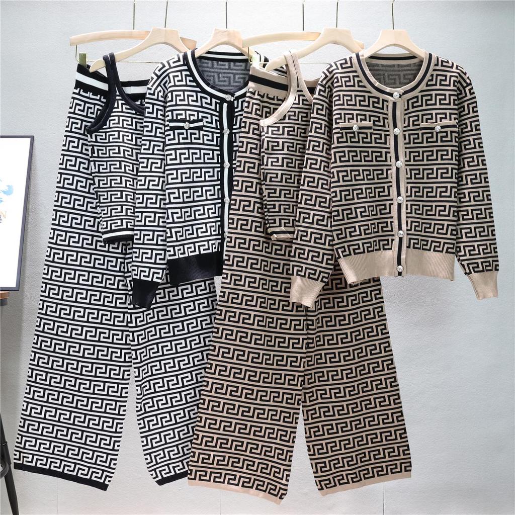 Women's Autumn/Winter Jacquard Knit Cardigan, Vest, and Wide-Leg Pants Set