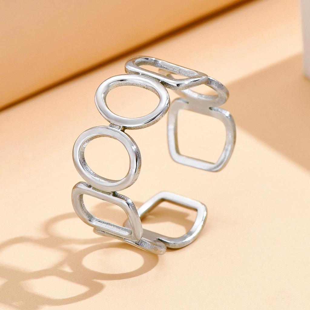 Retro Stainless Steel Geometric Open Ring with Hollow Rectangle Oval Design