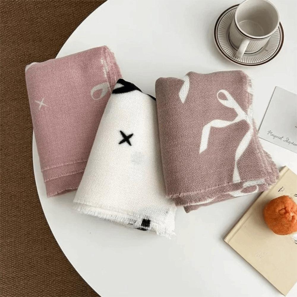 Printed Bow Wool Scarf Thicken Women Cashmere Shawl Temperament Winter Cashmere Scarves Female