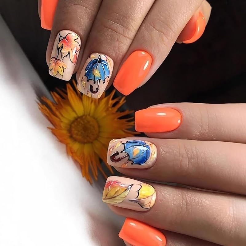 Fall Press on Nails Long Ballerina Coffin Nails Thanksgiving Maple Leaf Acrylic Glue on Nail Glossy Autumn Gold Maple Leaves Fake Nail for Women DIY