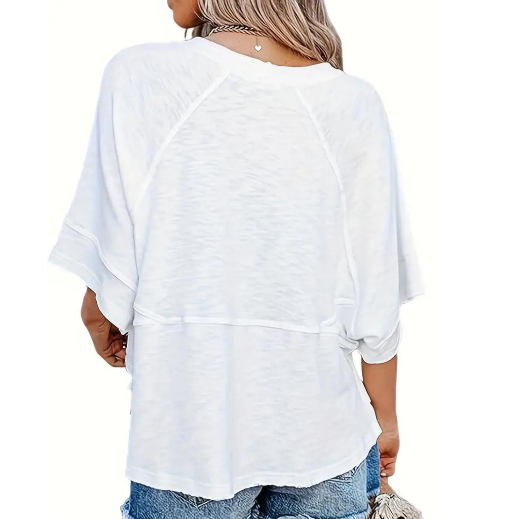 Women's Patchwork Solid Color Round Neck Three-quarter Sleeve Pagoda Sleeve Loose T-shirt
