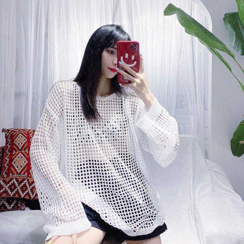 Maglione traforato taglia forte da donna nero filato a rete top maglione da donna pullover ampio maglia