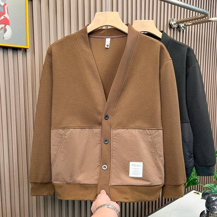 Calm High-End Temperament Retro Dark Coffee Color V-neck Sweater Cardigan Coat Men's Spring and Autumn Casual Sweater Men