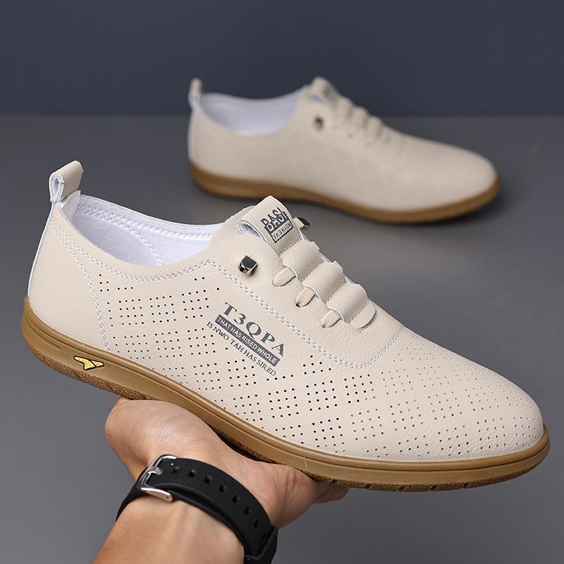 Summer Comfort Punching Leather Men Shoes Casual Lightweight Lace Up Men Leather Oxford Shoes Breathable Comfortable Flats Shoes
