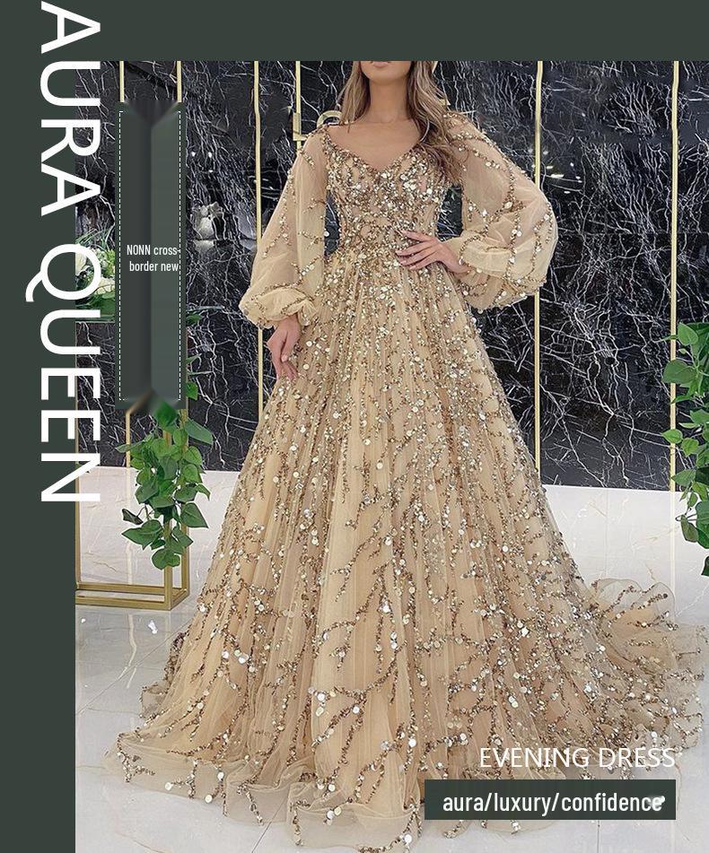 2025 Luxurious Gold Beaded Evening Gown - Sexy Socialite Queen