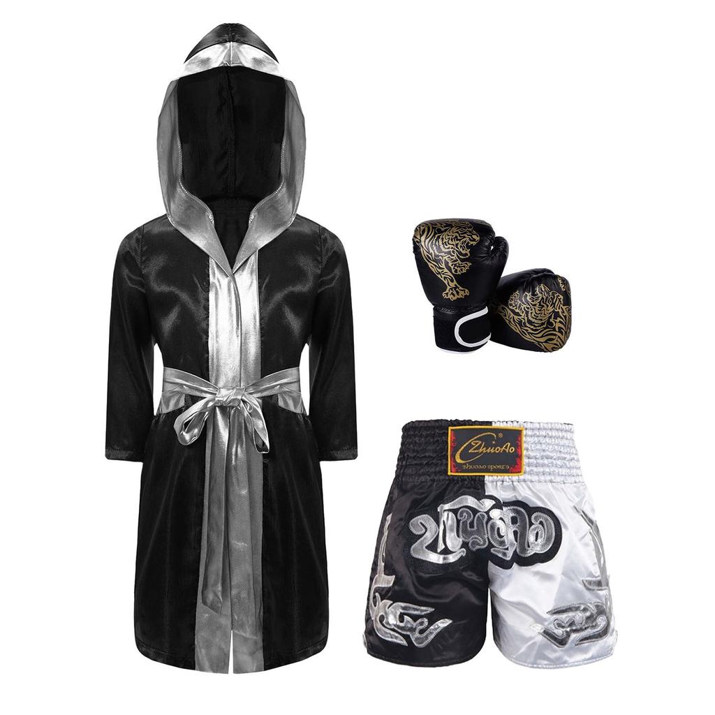 Jungen Kampf Nacht Cosplay Set: Boxer-Robe mit Kapuze, Elastische Shorts & Handschuhe Komplette Ausstattung für Party & Rollenspiel