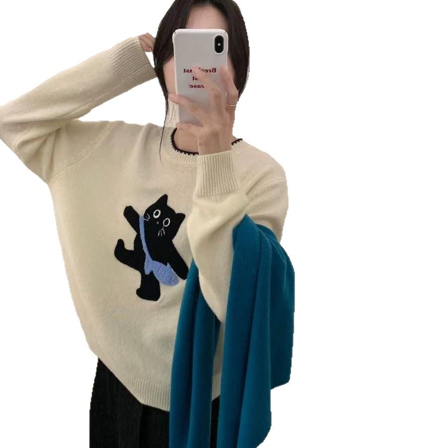 Korean Style Color Block Kitten Embroidered Pullover Sweater for Women, 2025 Design