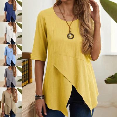 Top Pullover da Donna Europeo & Americano a Manica Media Irregolare in Cotone e Lino Slim-Fit