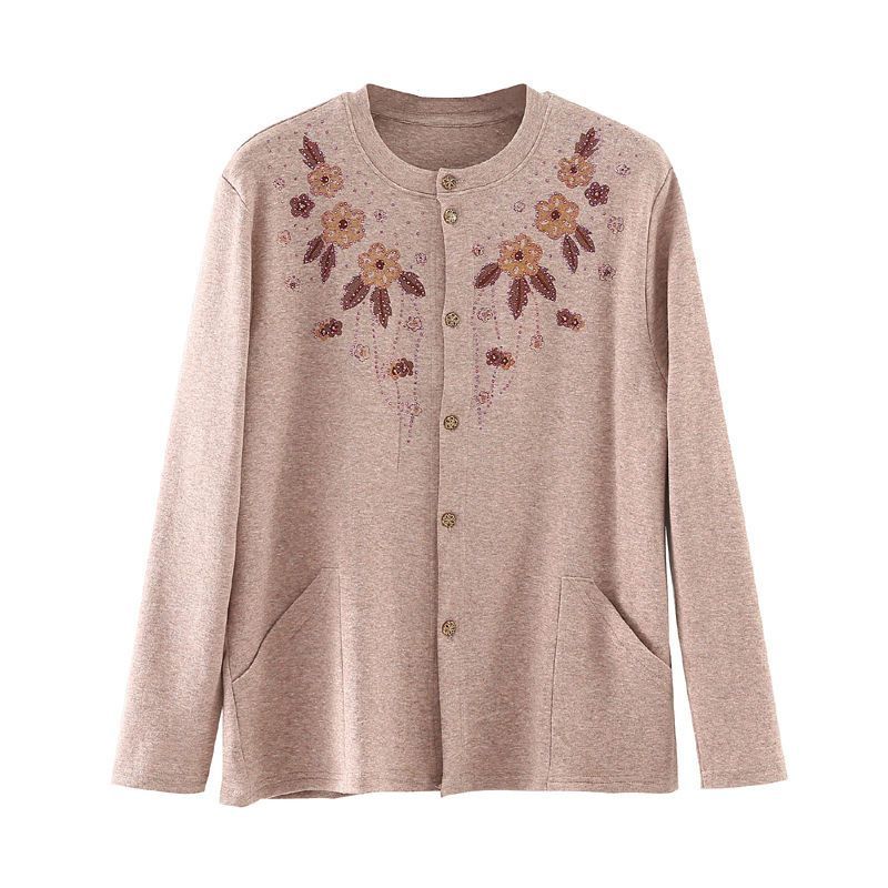 Middle Aged Elderly Women's Cotton Button Up Cardigan Long Sleeved Autumn Shirt with Cardigan Base Layer Thread Coat Thick Single-layer Jacket Shirts