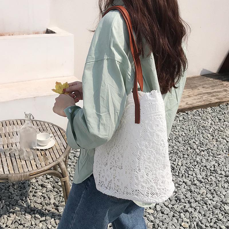 Korean Lace Aesthetic Large Capacity Shoulder Bucket Bag for Women - Spring/Summer