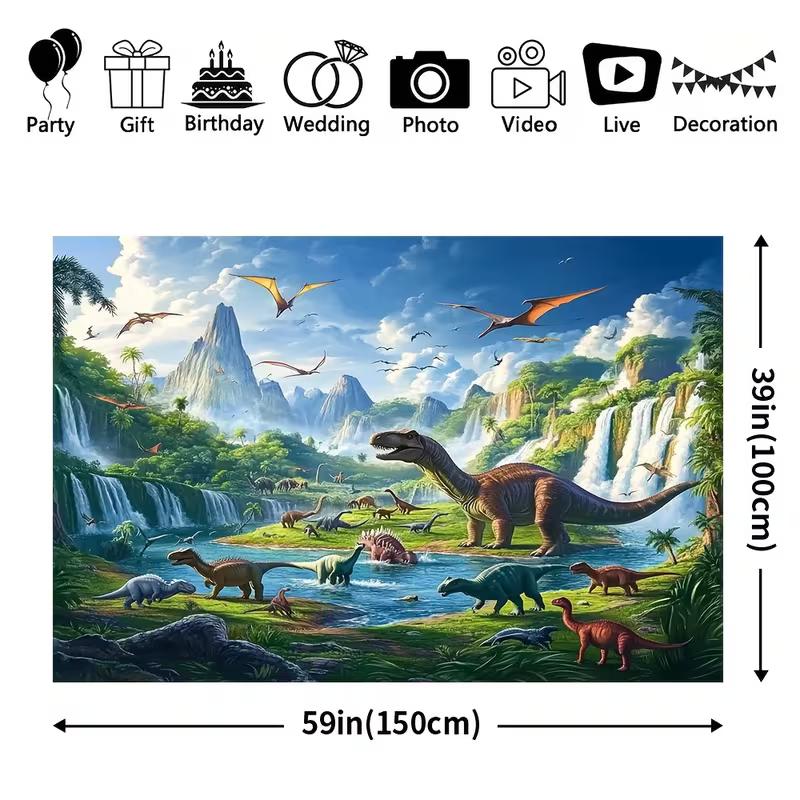 Realistic Dinosaur Tapestry, 150x130cm Prehistoric Waterfall & Mountain Wall Decor for Boys Room & Birthday Party