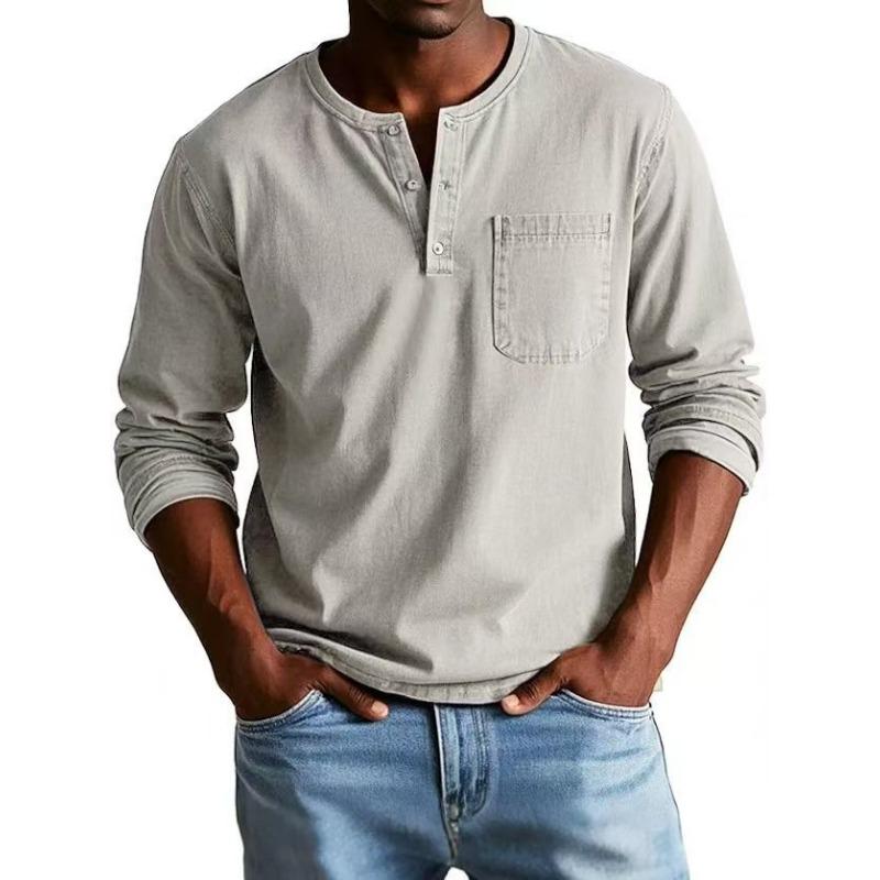 Mens Casual Long Sleeve Henley T Shirt Solid Color S белый