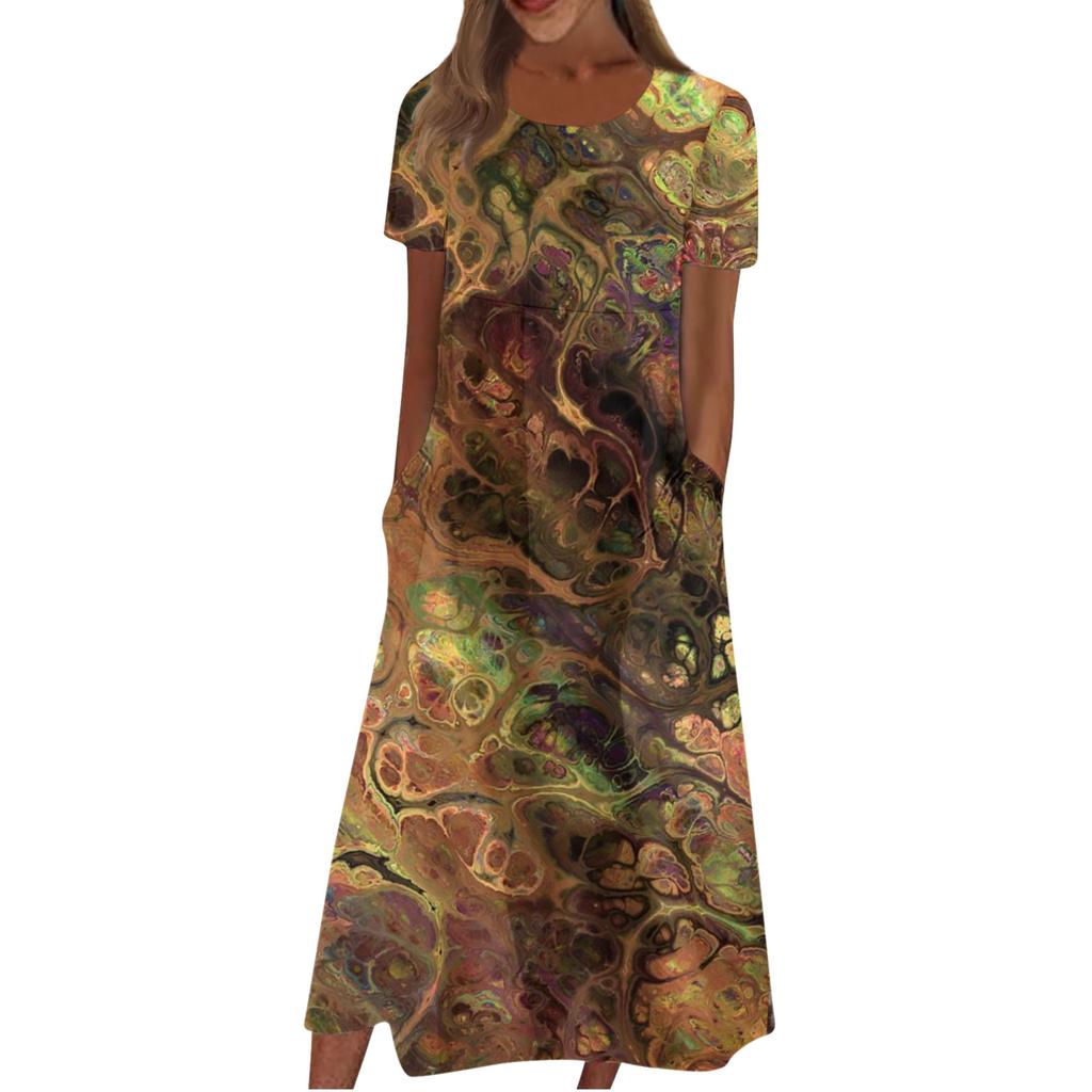 Women's Casual Dresses Printed Dresses Summer Dresses Printed Pleated Round Neck Midi Dresses Basic Outdoor Daily Short Sleeve Loose Dresses