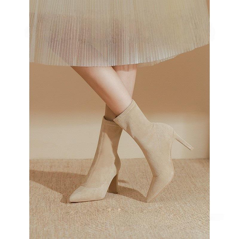 New black pointed high-heeled short boots women's spring and autumn single boots pointed thin medium tube elastic thin boots