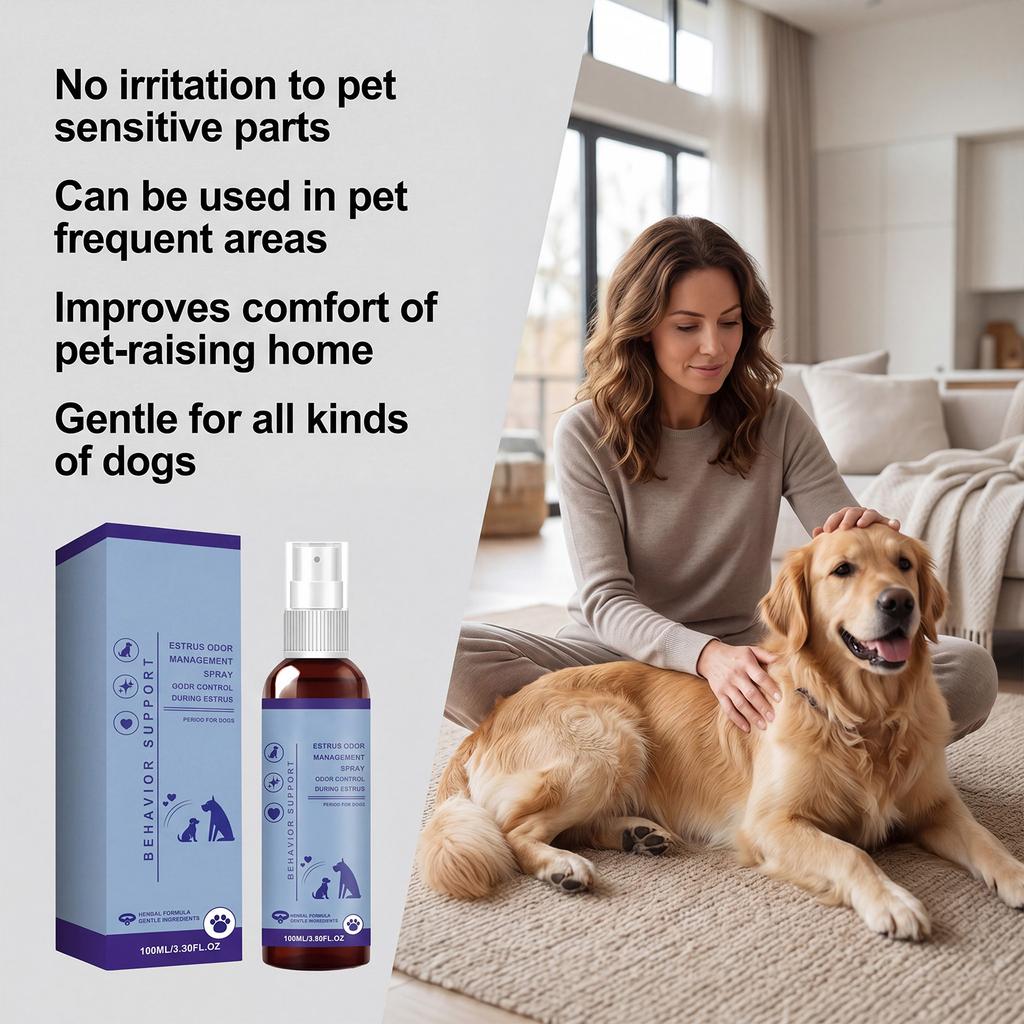 Spray de gestion des odeurs d'œstrus pour chiens et chats Support comportemental Contrôle des odeurs pendant la période d'œstrus Formule à base de plantes 100 ml