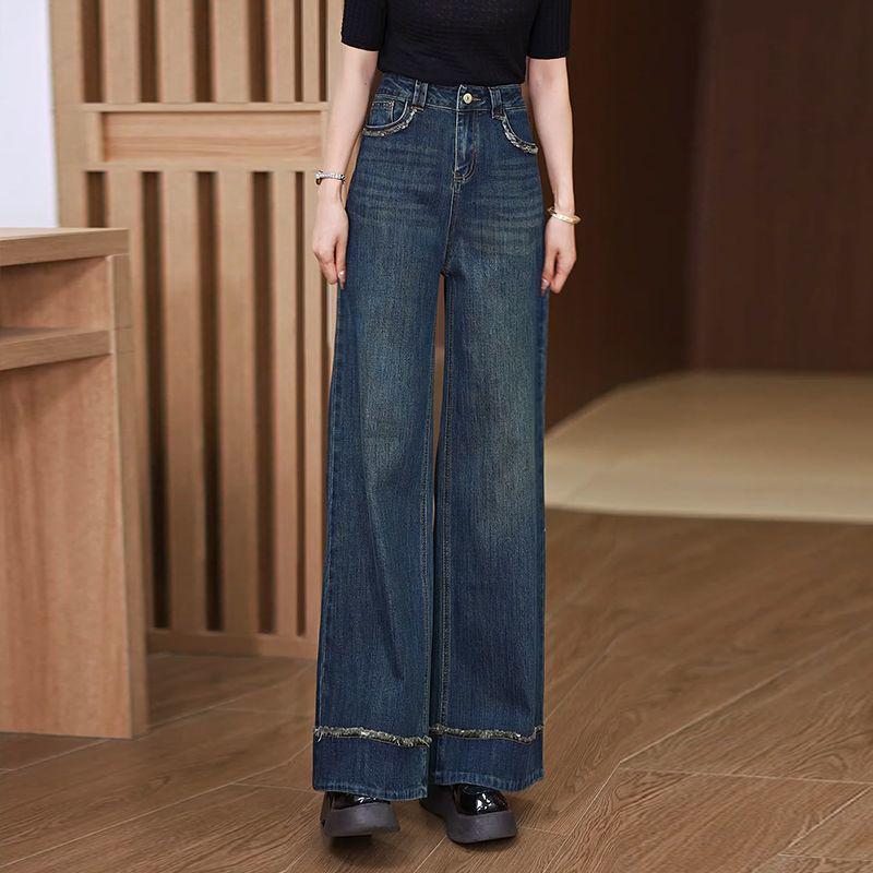 

Женские свободные джинсы с высокой посадкой в корейском стиле с широкими штанинами, необработанным краем и плюшевой подкладкой S (85-95 jin)