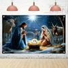 2D Nativity Themed Backdrop for Christmas, Holy Family with Baby Jesus and Farm Animals Photography Background