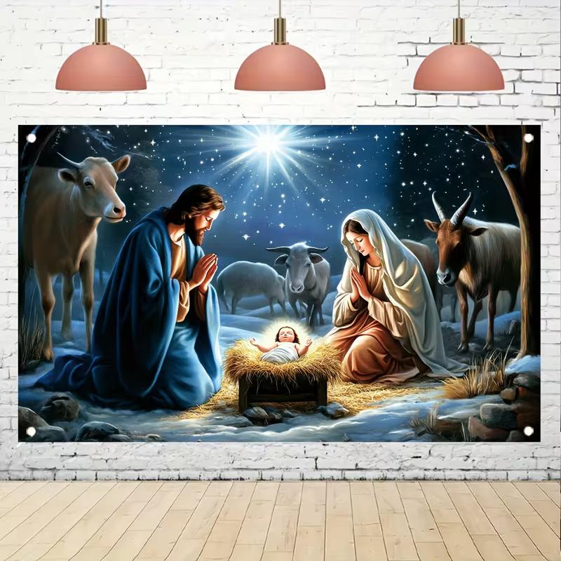 2D Nativity Themed Backdrop for Christmas, Holy Family with Baby Jesus and Farm Animals Photography Background
