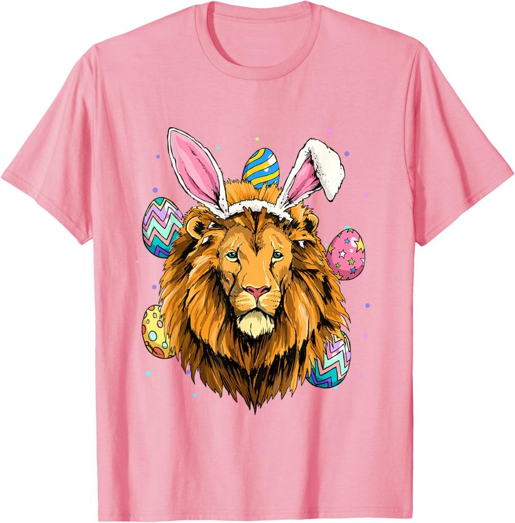 Lion Wearing Easter Bunny Ears Graphic Tee Cotton Short Sleeve Crew Neck Casual T-Shirt