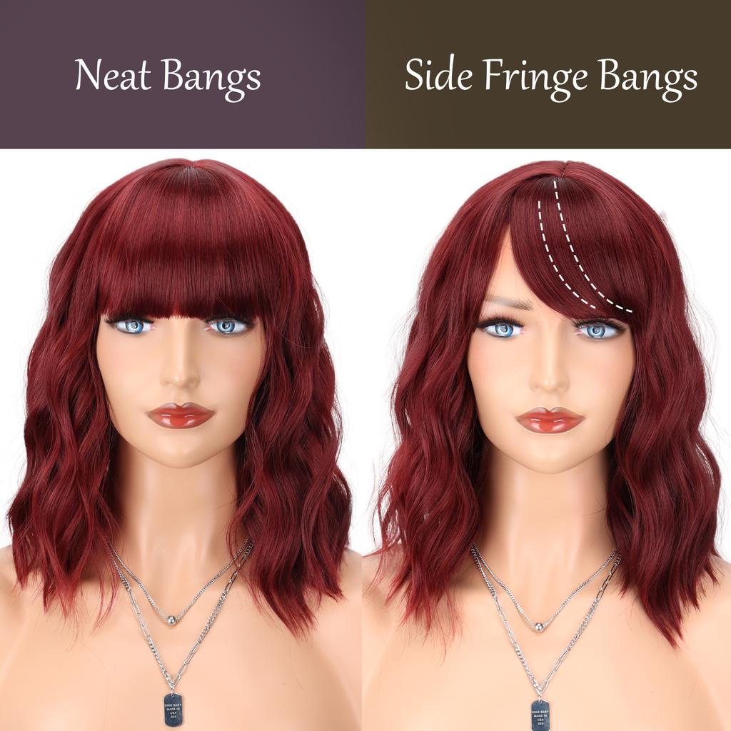LISI HAIR Burgundy Short Wavy Synthetic Heat Resistant Fiber Wigs with Bangs Black Brown Pink Bob Hair Wigs for Cosplay