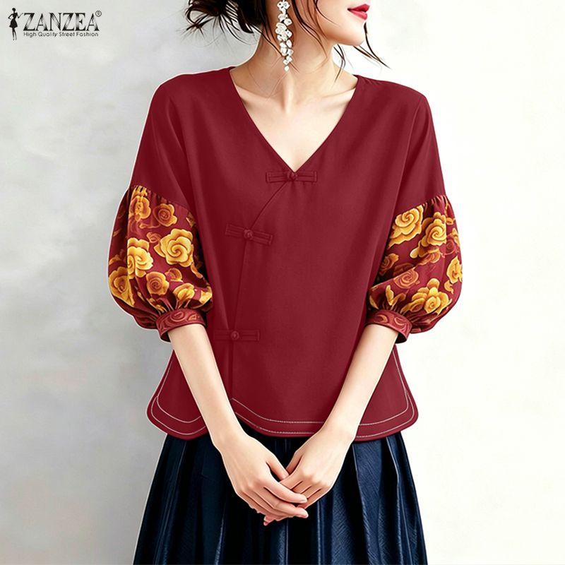ZANZEA Women Casual Round Neck Floral Print Short Sleeve Loose Blouse